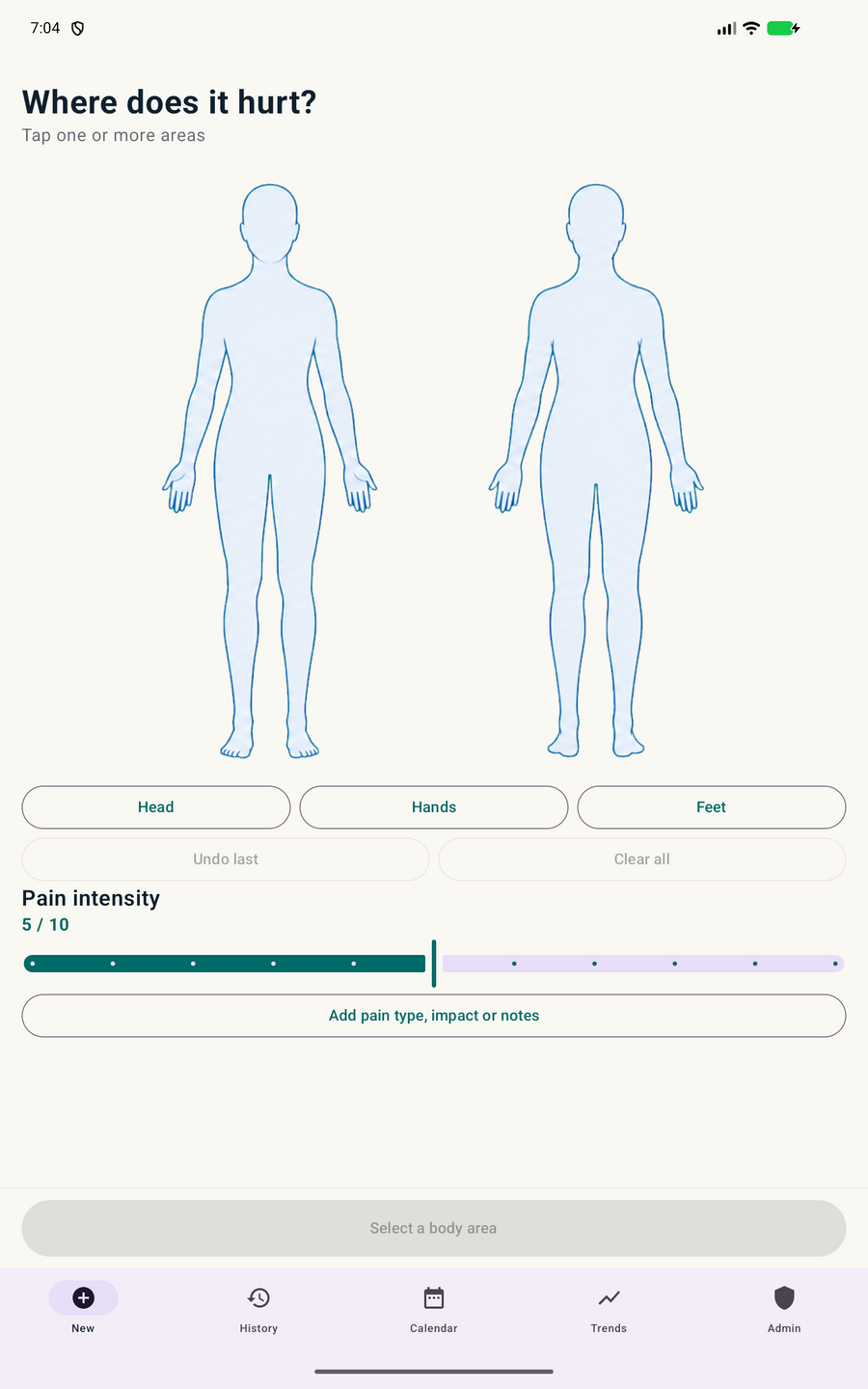 Pain Journey body map showing complete body illustrations and pain controls